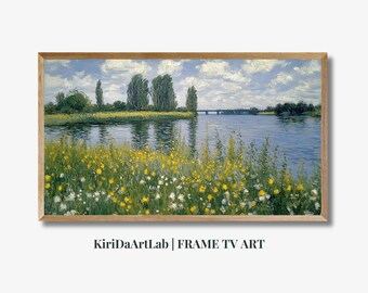 Cornice TV artistica, prato alpino, cornice TV artistica Samsung, decorazione da parete con TV floreale, vasto campo di erbe alte, dipinto a olio