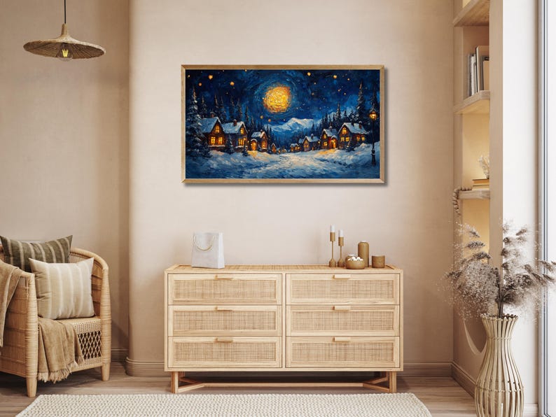 Samsung Frame TV Christmas Night Textured, Vintage Style Painting
