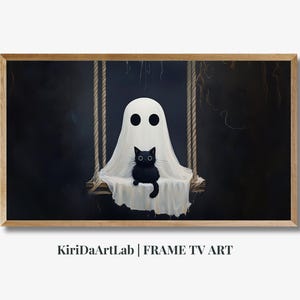 Halloween Frame TV Art Ghost Black Cat And Pumpkin, Fall Halloween Samsung Frame TV Art Spooky Vintage Style Textured Oil Painting