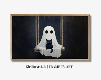 Moldura de Halloween TV Art Ghost Black Cat e abóbora, Outono Halloween Samsung Moldura TV Art Spooky Vintage Style Texturizado Pintura a óleo