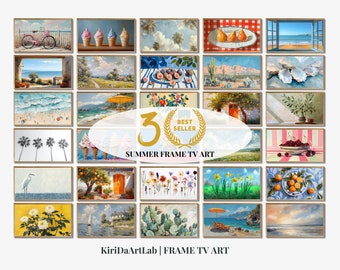 Samsung frame tv-kunstset zomerbundel van 30, getextureerde kunst voor frame tv digitale downloadbundel, vogel, trendy esthetisch roze en citrus