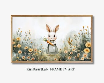 Coniglietto pasquale con carota per Samsung Frame TV, arte primaverile per bambini nel bosco, coniglietto carino in un campo di fiori, decorazione da parete con download digitale