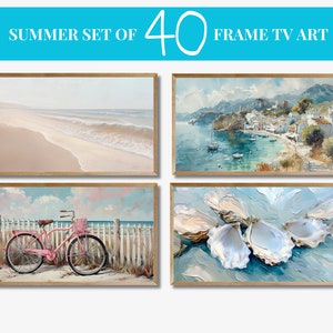 Puede incluir: Conjunto de cuatro pinturas enmarcadas con temática veraniega. La primera pintura muestra una escena de playa con olas rompiendo en la orilla. La segunda pintura muestra una ciudad costera con edificios y barcos en el agua. La tercera pintura muestra una bicicleta rosa aparcada en una playa de arena. La cuarta pintura muestra un grupo de conchas de ostras sobre un fondo azul.
