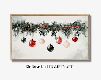Guirnalda navideña navideña con diseño de granja y campo de invierno con marco para TV Samsung, arte digital para TV, adornos de guirnalda navideña, pintura de acuarela