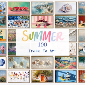 May include: A collection of 100 framed TV art pieces with a summer theme. The art features various still life and landscape paintings, including images of fruit, beaches, and flowers. The word "SUMMER" is displayed in colorful letters.