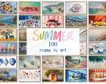 Set estivo di 100 stampe artistiche per TV Frame, pacchetto di download digitale per Samsung Frame TV con estetica trendy rosa e agrumi, decorazioni costiere colorate e texturizzate.