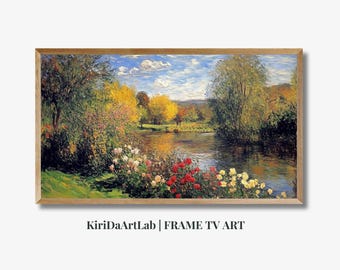 Cornice TV Arte Primavera Floreale Astratto, Vibrante Dipinto Vintage per Samsung Frame TV, Blu, Verde, Rosso, Rosa Paesaggio Textured Artwork