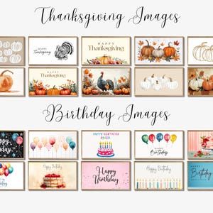 May include: A collection of framed art prints featuring Thanksgiving and birthday themes. The Thanksgiving prints showcase pumpkins, turkeys, and fall foliage. The birthday prints display balloons, cakes, and celebratory text.