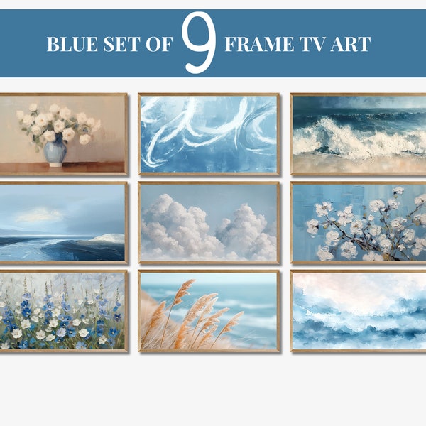 Samsung Frame TV Art Set, Blue Samsung Frame TV Art Set of 9 artworks, Neutral Frame Tv Art, Spring Instant Download, Art Bundle Set of 9