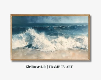Frame TV Art Summer Abstract, Blue Cool Toned Textured Tv Coastal Art File, Ocean Waves Seascape Instant Digital Download Beach Painting