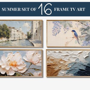 May include: A set of four framed art prints featuring a variety of summer themes. The prints include a canal scene in Venice, a white flower, a blue bird on a branch with purple flowers, and an abstract painting with brown and blue colors.