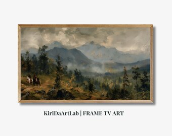 May include: A framed painting depicting a mountainous landscape with a group of people on horseback riding through a forest. The sky is cloudy and the mountains are covered in fog. The painting is in a wooden frame.