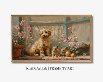 Samsung Frame TV Art, Easter Frame Tv Art, Spring Abstract Oil Painting, Digital Download Pastel Pup and Bunny Spring Decor, Frame TV Rabbit