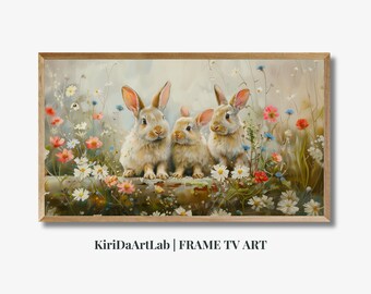 Easter Frame TV art, Bunnies in Wildflower Field TV Frame Art, Spring Bunny Decor Vintage Easter TV Frame Farmhouse, Spring tv Art Rabbit