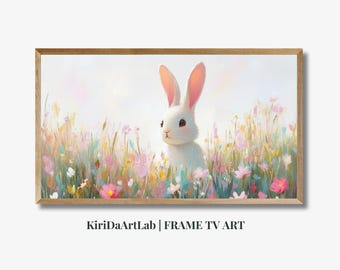 Cornice TV Samsung coniglietto pasquale, coniglio primaverile pastello nel prato, decorazione da parete per la cameretta dei bambini, grazioso download digitale per le vacanze e la cameretta dei bambini