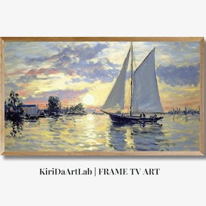 Vintage Coastal Samsung Frame TV Art, Neutral Sailboat Seascape, Lake House Frame TV Art, Summer Antique Painting for TV, Digital Download