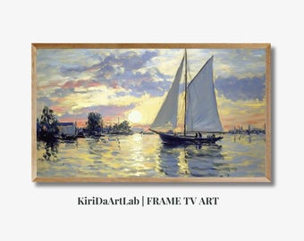 Vintage Coastal Samsung Frame TV Art, Neutral Sailboat Seascape, Lake House Frame TV Art, Summer Antique Painting for TV, Digital Download