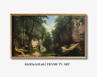 Cornice per TV con paesaggio lacustre smorzato, arte paesaggistica vintage neutra per salvaschermo TV con cornice, dipinto di scena naturale estiva da scaricare in digitale