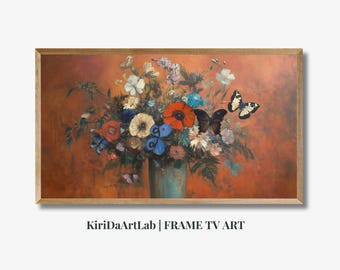 Cornice TV Samsung floreale vintage, dipinto di fiori di natura morta con farfalle, elegante opera d'arte botanica, decorazione per download digitale