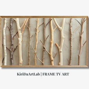 Träd Samsung Ram TV Konst, Gyllene Landskap Ram TV, Moderna Trädgrenar, Rustik Inredning, Vita Grenar, Modern, Minimalistisk, Abstraktion