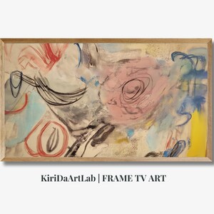May include: Abstract painting in a wooden frame with a pink, blue, yellow, and black color scheme. The painting features swirling lines and shapes.