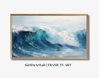 Neutral Samsung Frame TV Art, Samsung Frame TV Art Summer, Abstract Ocean Waves Seascape, Beach Painting, Blue Cool Toned Textured Tv