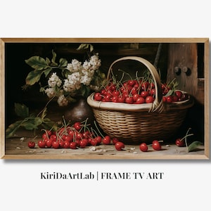 Frame TV Art Summer, Colorful Cherry Digital Download for Tv, Trendy Still Life Pink Frame Tv, Vintage Cherries Oil Painting, Antique Fruit