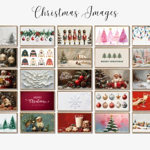 May include: A collection of framed Christmas images. The images feature various holiday themes, including winter landscapes, Santa Claus, Christmas trees, ornaments, and festive text. The overall color palette includes reds, greens, and whites.