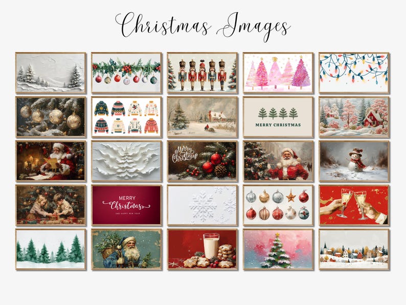 May include: A collection of framed Christmas images. The images feature various holiday themes, including winter landscapes, Santa Claus, Christmas trees, ornaments, and festive text. The overall color palette includes reds, greens, and whites.