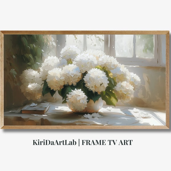 Frame TV art White Hydrangeas still life, Neutral floral TV artwork cottage decor, Spring Samsung Frame TV rustic farmhouse, Easter Frame