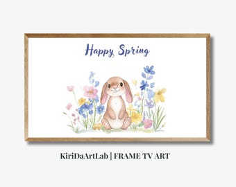 Coniglietto pasquale stampabile per Samsung Frame TV, arte murale primaverile felice, illustrazione di un simpatico coniglio floreale, decorazione per la cameretta dei bambini da scaricare in digitale