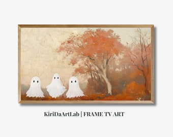 Samsung Frame TV Famiglia di fantasmi nel paesaggio vintage, cornice TV di Halloween, download di dipinti spettrali autunnali, colori autunnali TV Art