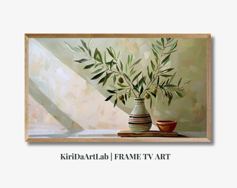 Cornice TV Art Summer, Mediterranean Tablescape Download digitale per TV, Ramo d'ulivo Still Life Frame Tv Art, Rustico, Vaso Still Life vintage