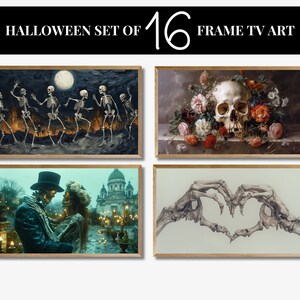 May include: A set of four Halloween-themed framed art prints. The first print features a group of skeletons dancing in a graveyard. The second print features a human skull surrounded by flowers. The third print features a couple of skeletons holding hands in the shape of a heart. The fourth print features a couple of skeletons dressed in formal attire, standing in front of a church.