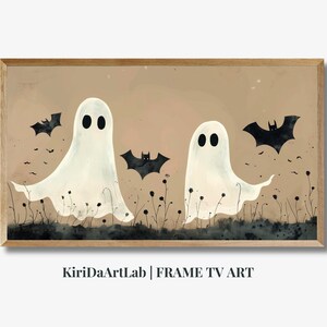 May include: A digital painting of two white ghosts with black eyes and mouths, standing in a field of tall grass with black bats flying overhead. The background is a light brown color.