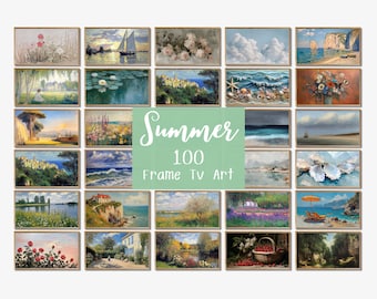 Set di 100 stampe artistiche estive per TV – Pacchetto digitale dall'estetica vintage, stampe costiere colorate e strutturate, decorazioni country francesi di tendenza, colori neutri