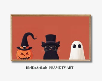Moldura de Halloween TV Art Ghost Black Cat e abóbora, pintura a óleo texturizada estilo vintage assustador, outono Halloween Samsung Moldura de TV Art