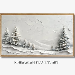 May include: A framed painting of a snowy winter scene with white trees and a textured white background. The painting is in a light wood frame. The text "KiriDaArtLab | FRAME TV ART" is at the bottom of the image.