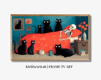 Cornice TV di Halloween: scheletro di gatto nero, arancione e blu (download digitale)