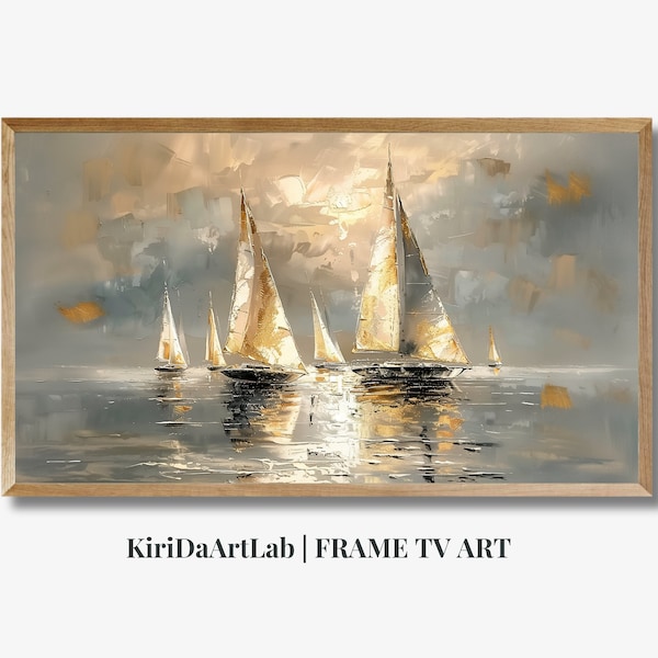 Coastal Sailboat Frame TV Art, Vintage Style Seascape Lake Painting, Blue Nautical Ocean Summer Screensaver, Frame TV Art Summer Gold