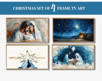 May include: A set of four framed Christmas paintings. The first painting depicts the Holy Family, the second shows a starry night sky with a star above a stable, the third shows a star over a mountain range, and the fourth shows the Nativity scene.