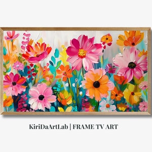 May include: A framed painting of a colourful floral arrangement with pink, orange, yellow, and blue flowers. The flowers are painted in a realistic style with thick brushstrokes. The background is a light grey.