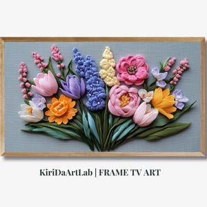 Spring Frame Tv Art Instant Download, Wildflower Floral Embroidery Textured Art for TV Digital Download, Knitted Colorful Flowers for Spring