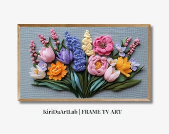 Spring Frame Tv Art Instant Download, Wildflower Floral Embroidery Textured Art for TV Digital Download, Knitted Colorful Flowers for Spring
