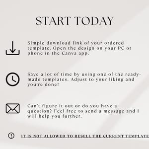 K&ouml;nnte beinhalten: Cremefarbene Grafik mit dem Text "START TODAY" in fetter, schwarzer Schrift. Darunter befinden sich ein Download-Symbol, eine Uhr und ein Umschlag, begleitet von beschreibendem Text. Der untere Teil der Grafik besagt "IT IS NOT ALLOWED TO RESELL THE CURRENT TEMPLATE."