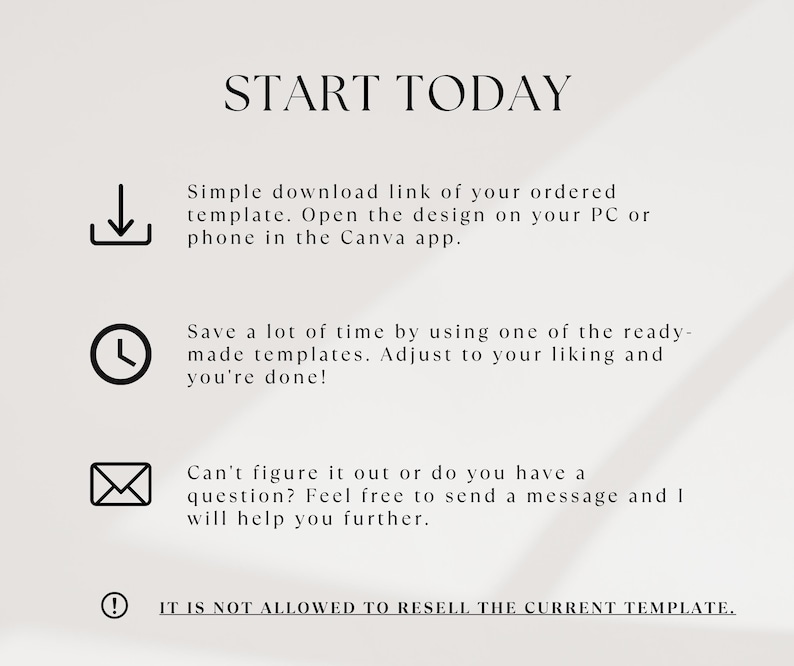 K&ouml;nnte beinhalten: Cremefarbene Grafik mit dem Text "START TODAY" in fetter, schwarzer Schrift. Darunter befinden sich ein Download-Symbol, eine Uhr und ein Umschlag, begleitet von beschreibendem Text. Der untere Teil der Grafik besagt "IT IS NOT ALLOWED TO RESELL THE CURRENT TEMPLATE."
