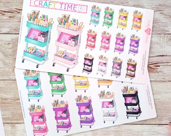 Hojas de pegatinas para carritos de manualidades, mini pegatinas para carritos de manualidades, pegatinas para planificadores de manualidades, juego de pegatinas para carritos de manualidades, bullet journaling, planificador feliz