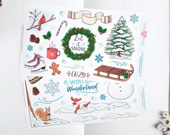 Juego de pegatinas para bullet journaling con temática de País de las Maravillas Invernal, acogedora hoja decorativa con estética invernal, juego de pegatinas para actividades al aire libre de temporada para planificadores.
