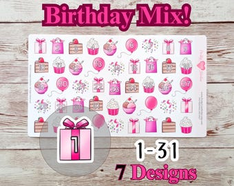 Hoja de pegatinas de cumpleaños rosa con diseño de feliz planificador, accesorio para fecha, número, cumpleaños, mes, celebración, decoración, diario, suministros premium mate