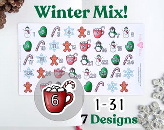 Colección de hojas de pegatinas con temática de invierno, diseño semanal de Bullet Journal, calendario numerado, diseños de cuenta regresiva, accesorio de planificador mate
